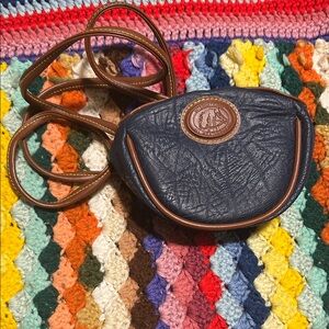 Navy Crossbody Bag with Brown Trim - Classic Leather Look